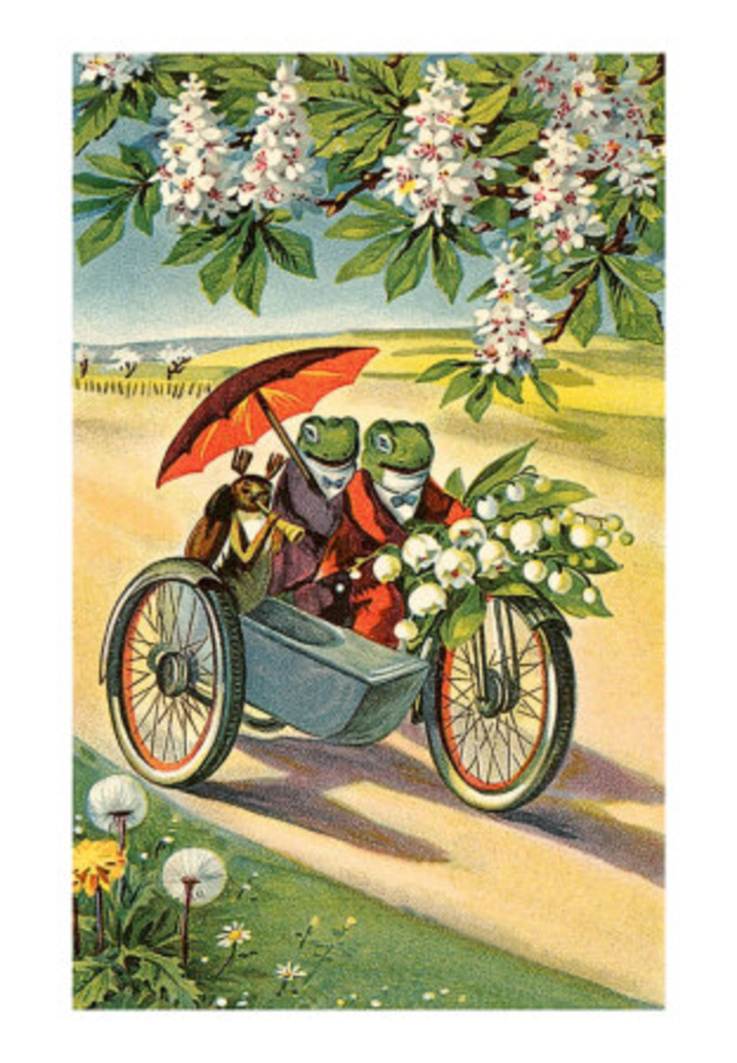 Two Frogs on Motorcycle with Umbrella and Flowers