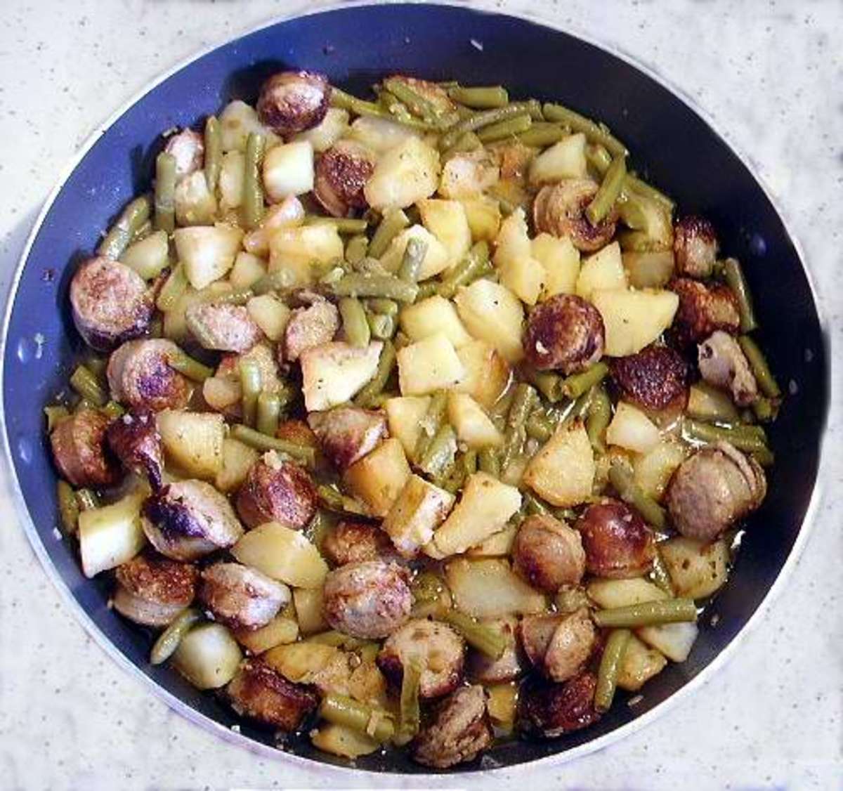 Great Fall/Winter Recipe: Brats or Sausage with Potato, Onion & Green Beans...Comfort Food