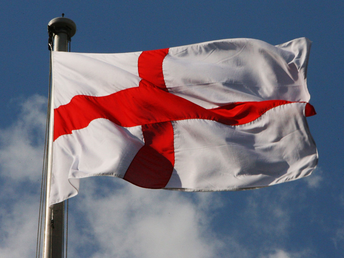 St George's Cross banner, England's ensign - more chivalrous than our earlier patron saint, Eadward 'the Confessor', although King Oswald of Northumbria's a better candidate, murdered as he was by Penda in Shropshire  
