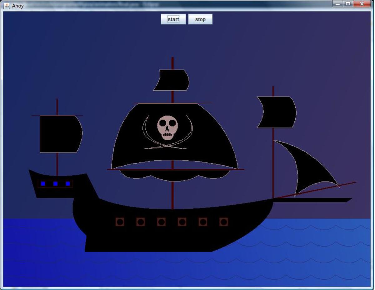 The assignment was to animate our own original Car Drawings. Just for fun and for a challenge, I designed and animated this Pirate Boat instead.  *Note that this was only the 2nd Drawing I ever did in Java, so I know it is a little crude