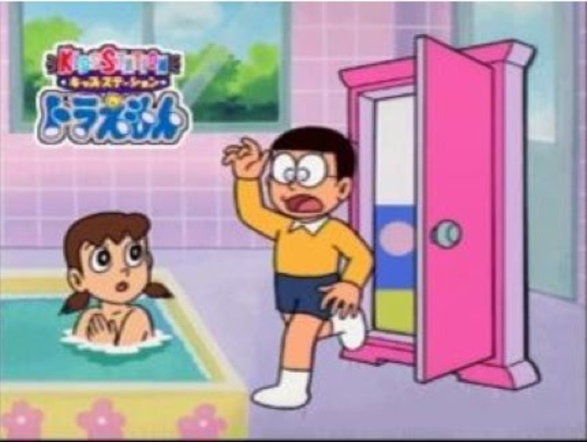 Dokodemo Door leads Nobita to Shizuka's bathroom