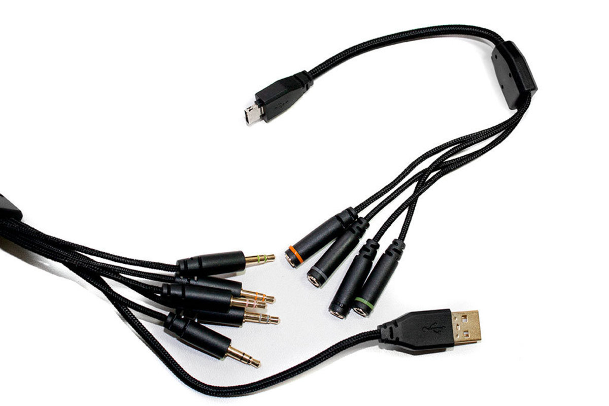 5 analog 3.5mm connectors and a USB for power.