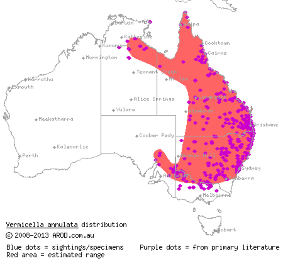 This map shows the distribution of the Bandy-bandy in Australia.