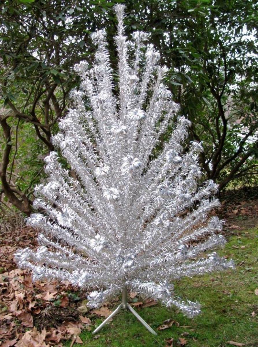 This is an example of an Ever-Gleam tree manufactured by the Aluminum Specialty Company of Manitowoc, Wisconsin. It's seven feet tall and has 100 branches!