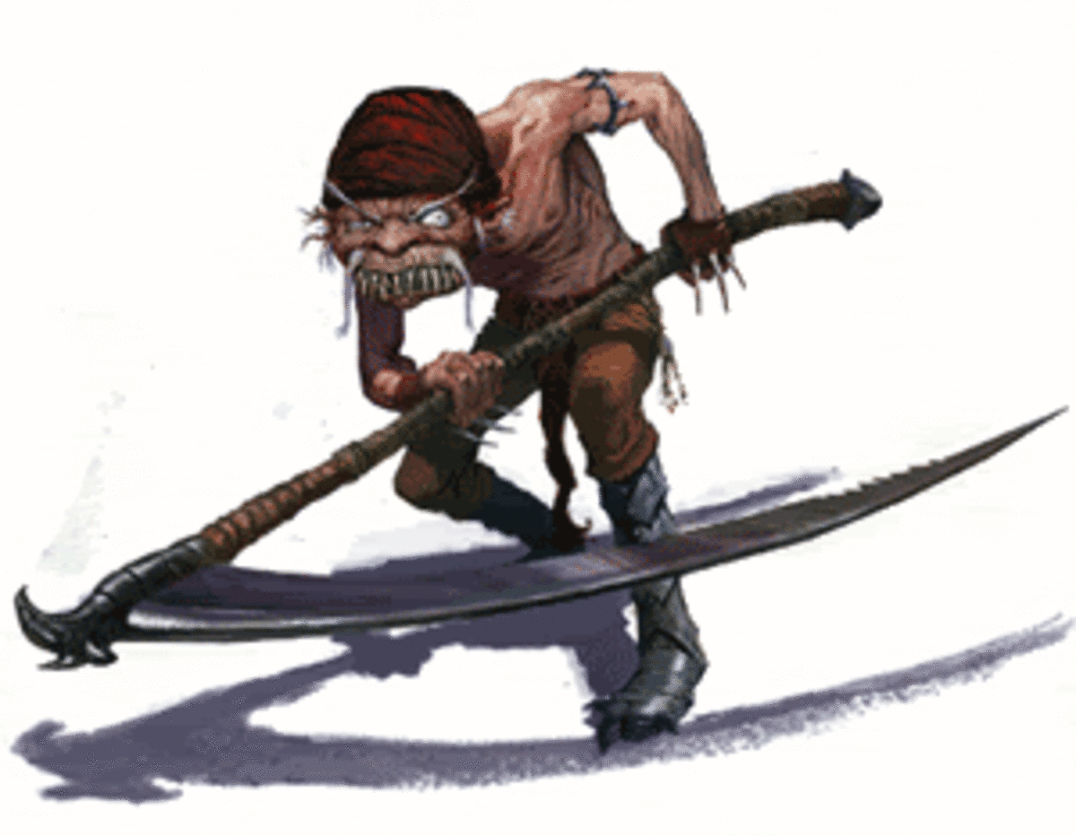 A depiction of the Redcap carrying an iron scythe.
