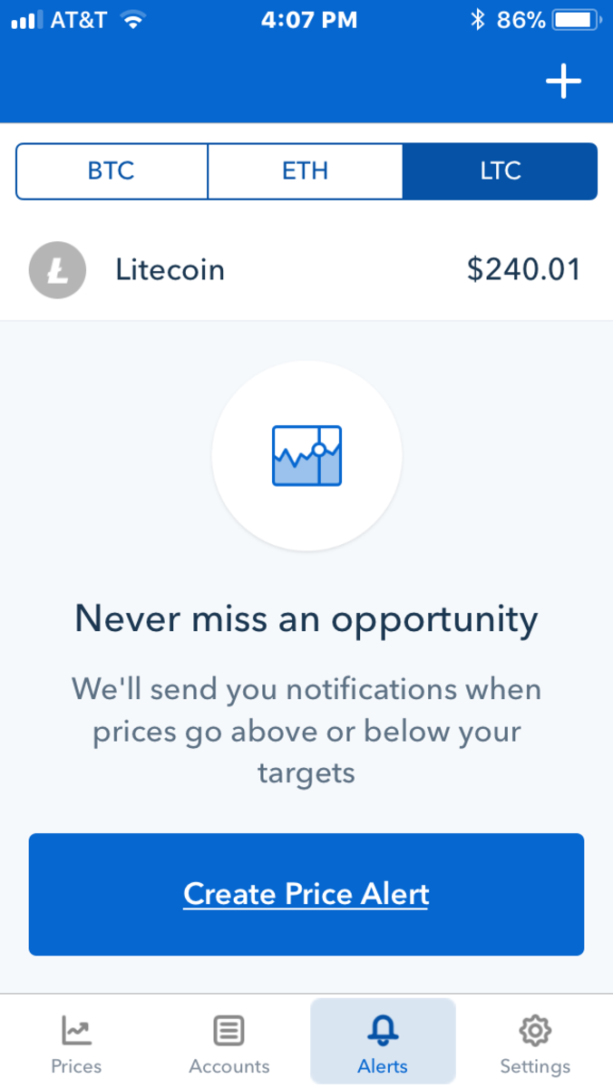Coinbase allows you to set price alerts so you can then buy or sell your crytocurrency at a preset price.