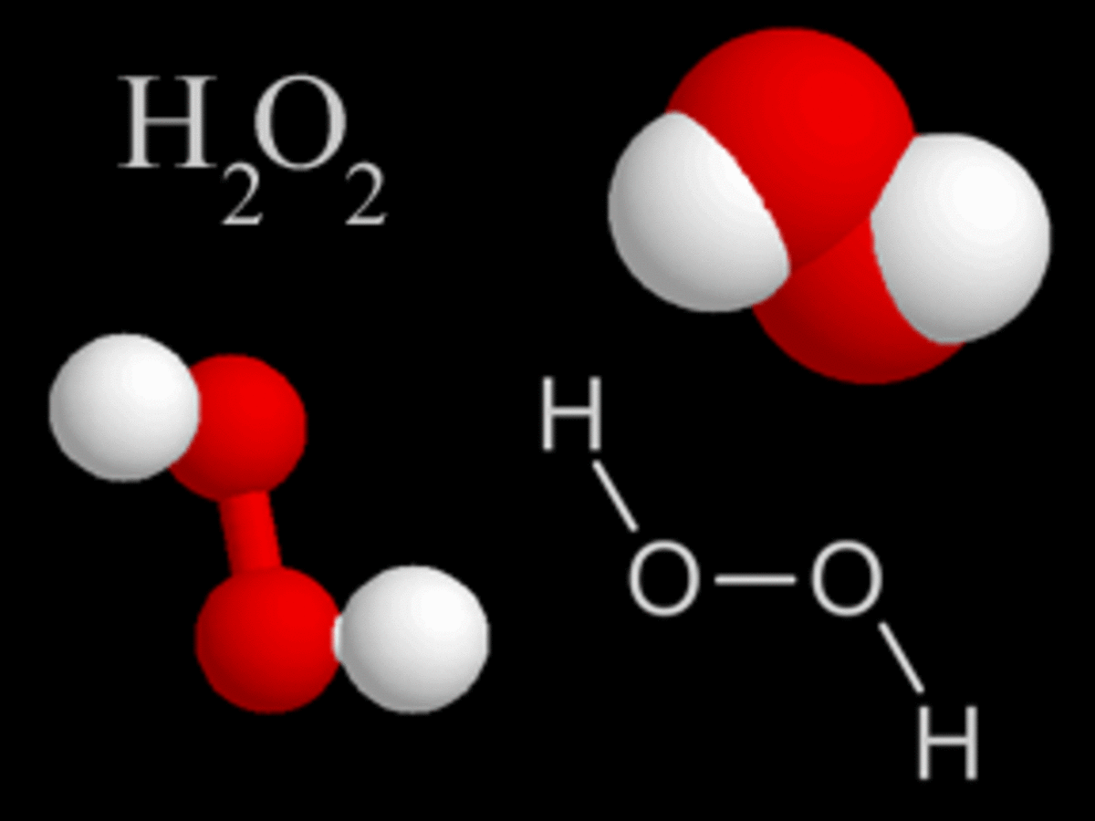 H2O2 molecule represented in chemical formula and in 3D model.