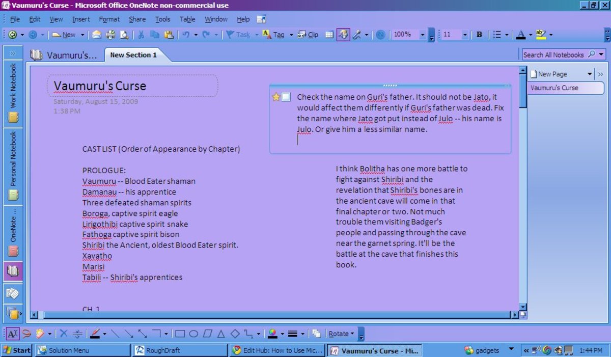 Screen shot of Vaumuru's Curse notebook on MS OneNote. My screen colors are customized because I dislike black text on white, it hurts my eyes if I write too long.