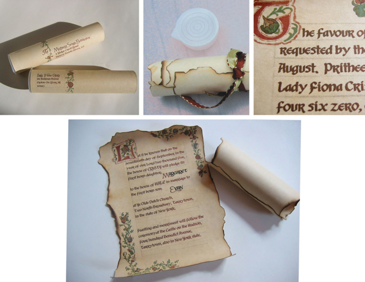 Erin Blankley, creates all kinds of offbeat custom invitations and announcements like this medieval scroll