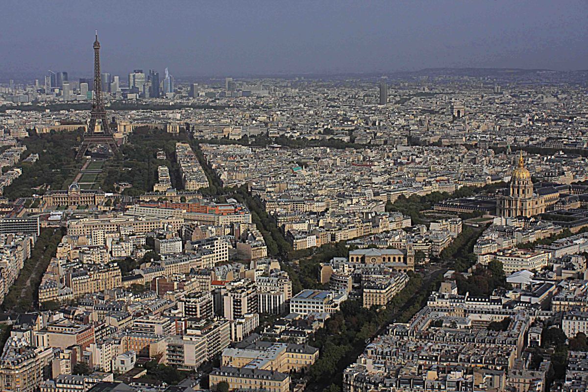 The Paris skyline looking north from the Montparnasse Tower towards the Eiffel Tower, Arc de Triomphe and Hotel des Invalides