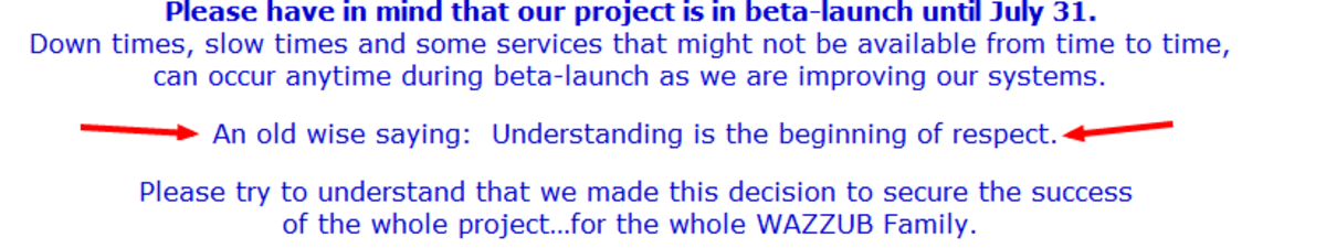 Wazzub announcement of May 2012 excerpt, note the "old saying", yet the announcement is unsigned except as "Wazzub Team". 