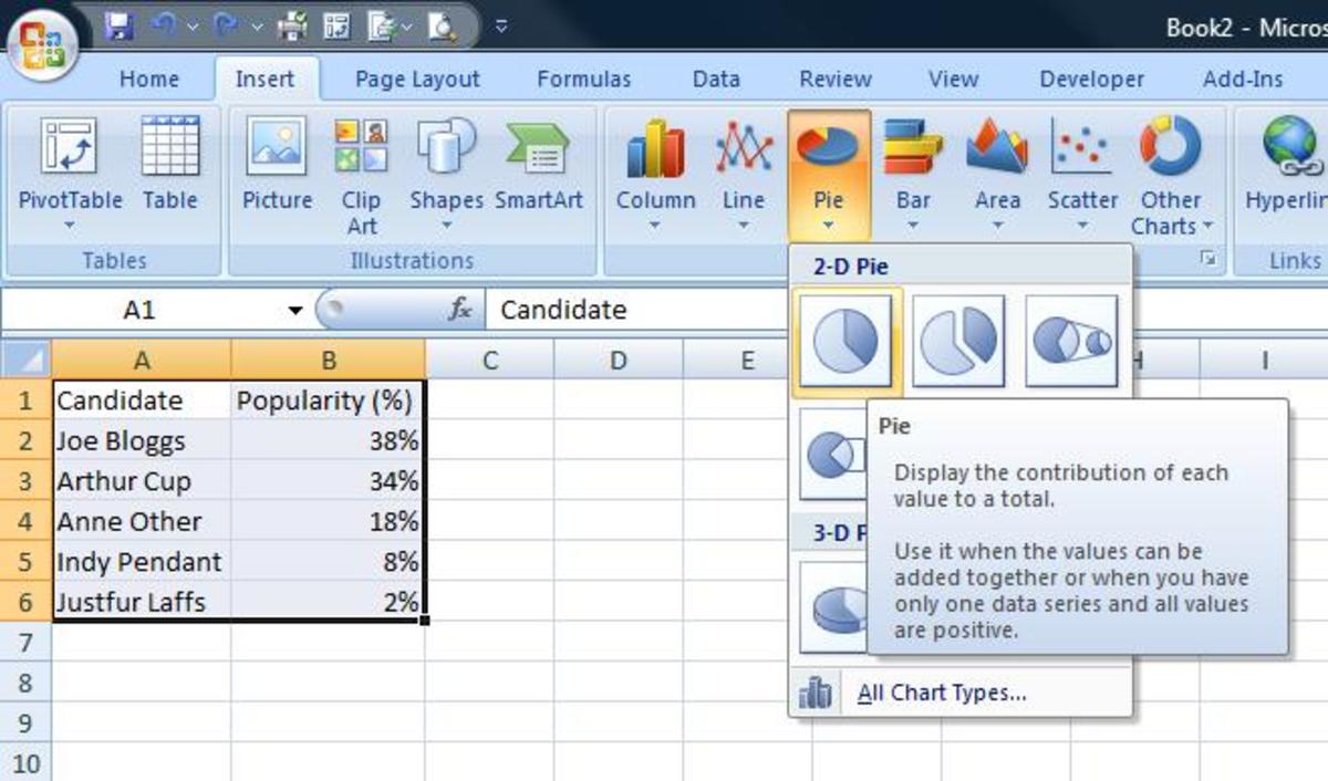 Choosing the type of pie chart in Microsoft Excel
