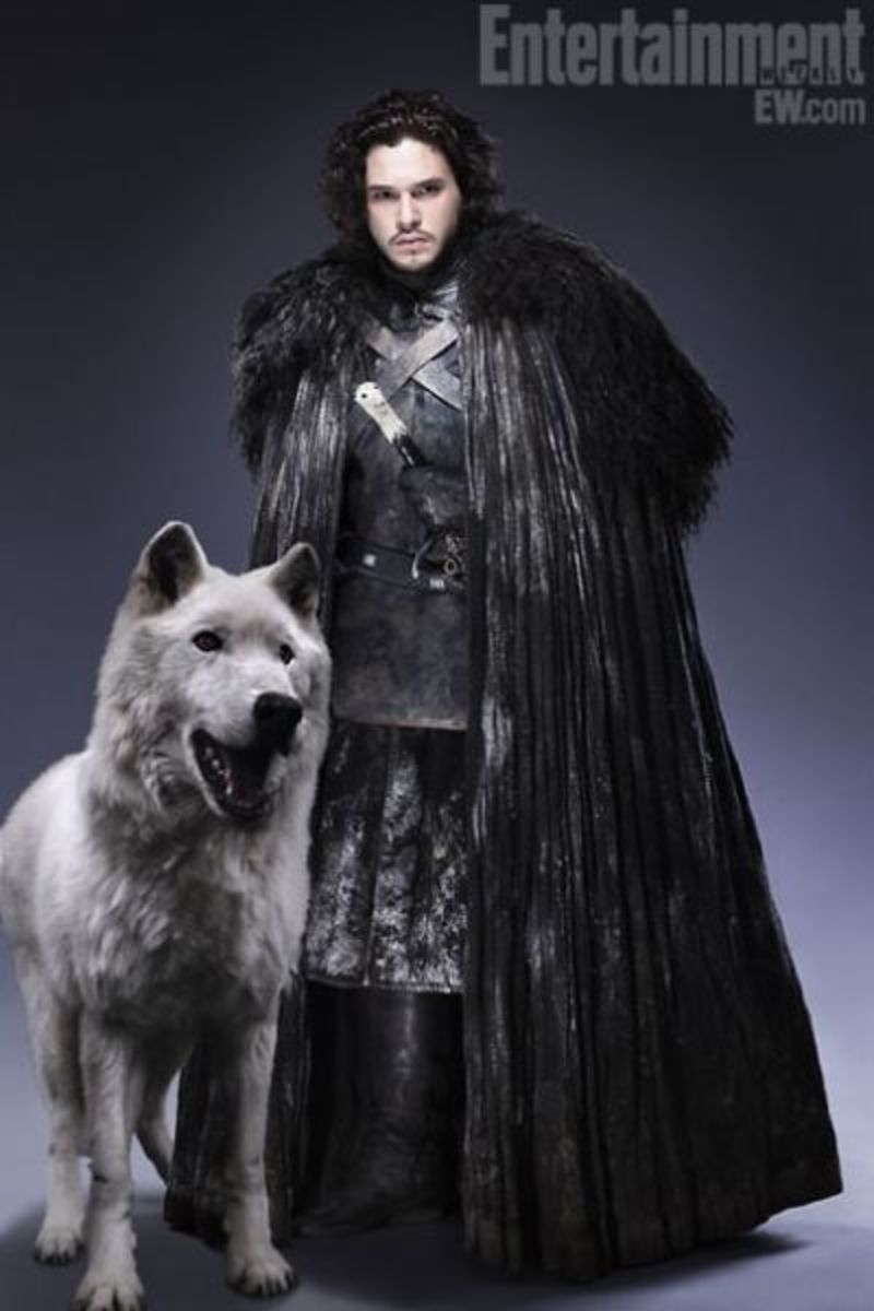 Jon Snow in black cloak, with his direwolf, Ghost.