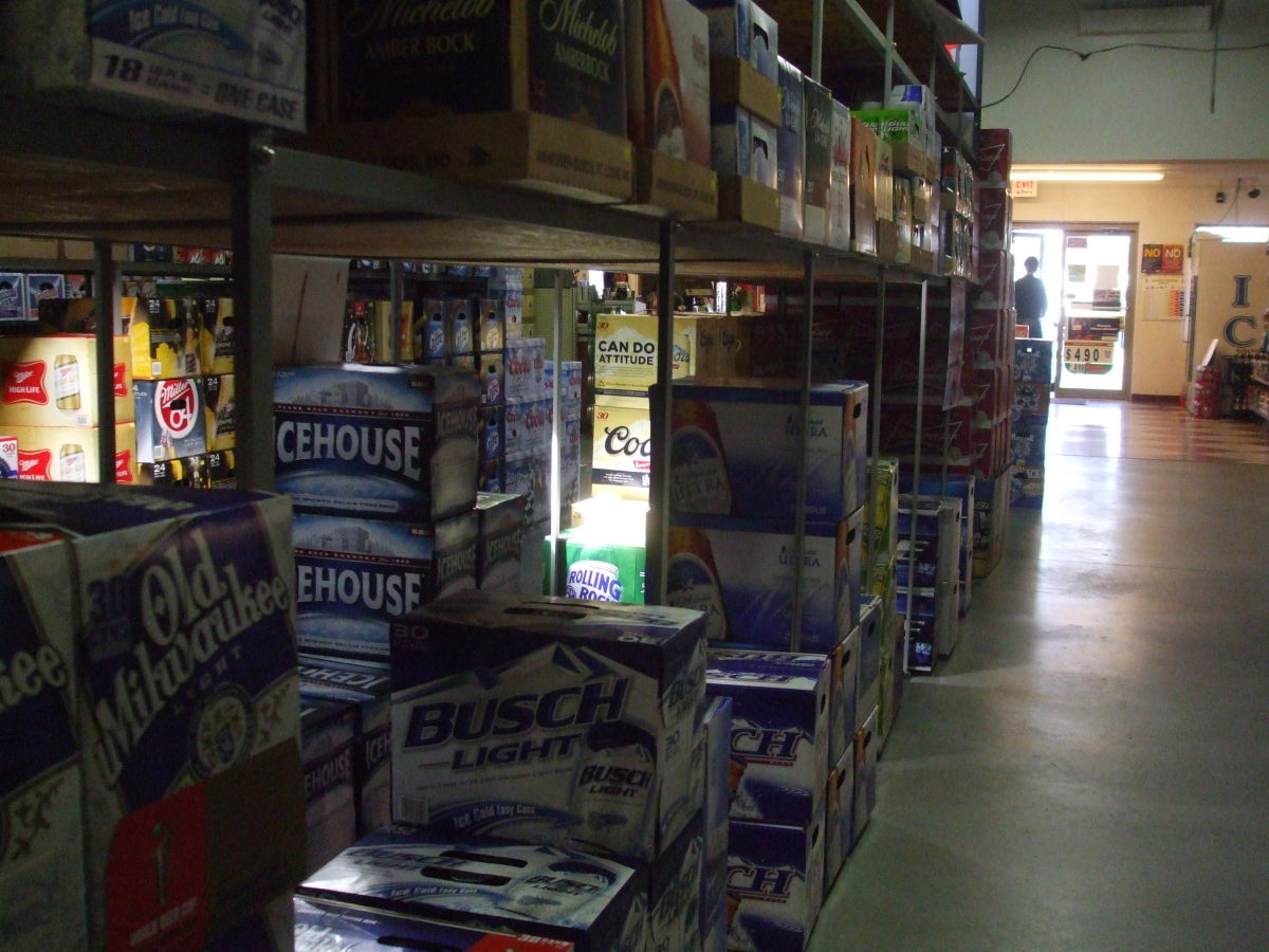 "Man cave" of cases of beer in rows at a typical Pennsylvania beer distributorship.