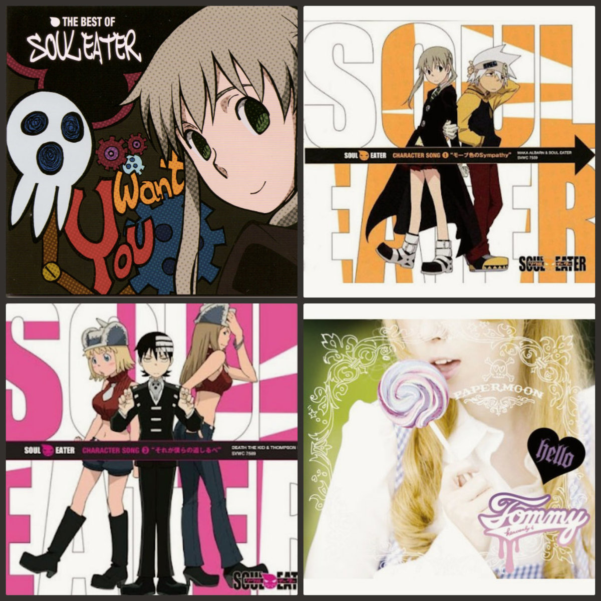 top left http://50.7.241.234:2880/album_images/soul-eater-the-best-of-soul-eater/Card%2001.jpg top right http://2.bp.blogspot.com/-14L-KFZEyN0/T_koOCrqGJI/AAAAAAAAHuM/c_iXGmixqSo/s400/big-soul-eater-character-song-1-mauve-iro-no-sympathy-ost.jpg