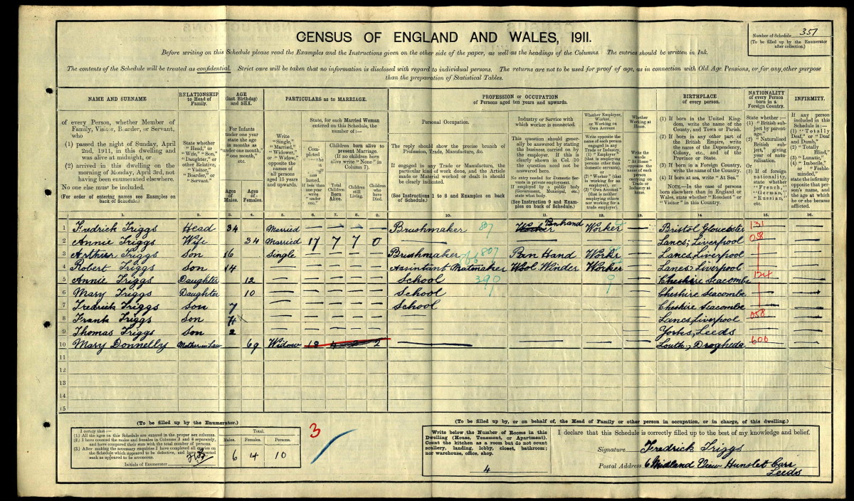 The census of England and Wales, 1911, showing my grandad's family when he was a young boy living at 6 Midland View, Hunslet Carr, Leeds.