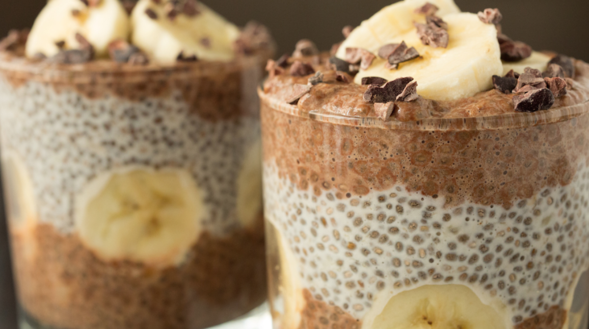 Example of chia seed pudding: chia, cacao nibs, banana and almond milk
