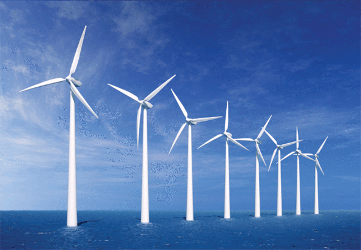 Wind Turbines in the ocean. As they catch the ocean breeze and converting it to electricity these are a go-to style of renewable energy as is widely used for supplying entire towns with electricity.