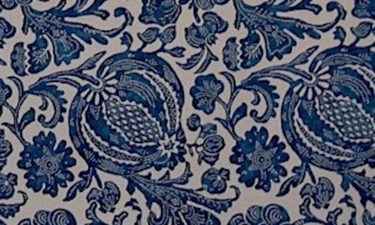A typical period reproduction indigo resist design handprinted on 100% cotton 