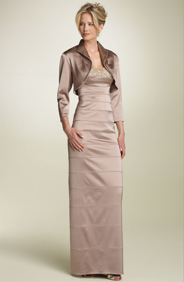 Tadashi lace bodice satin gown with Bolero, size 2-16. $498. Fully lined, polyester, dry clean; color: golden sand; available at Nordstroms; photo credit nordstroms