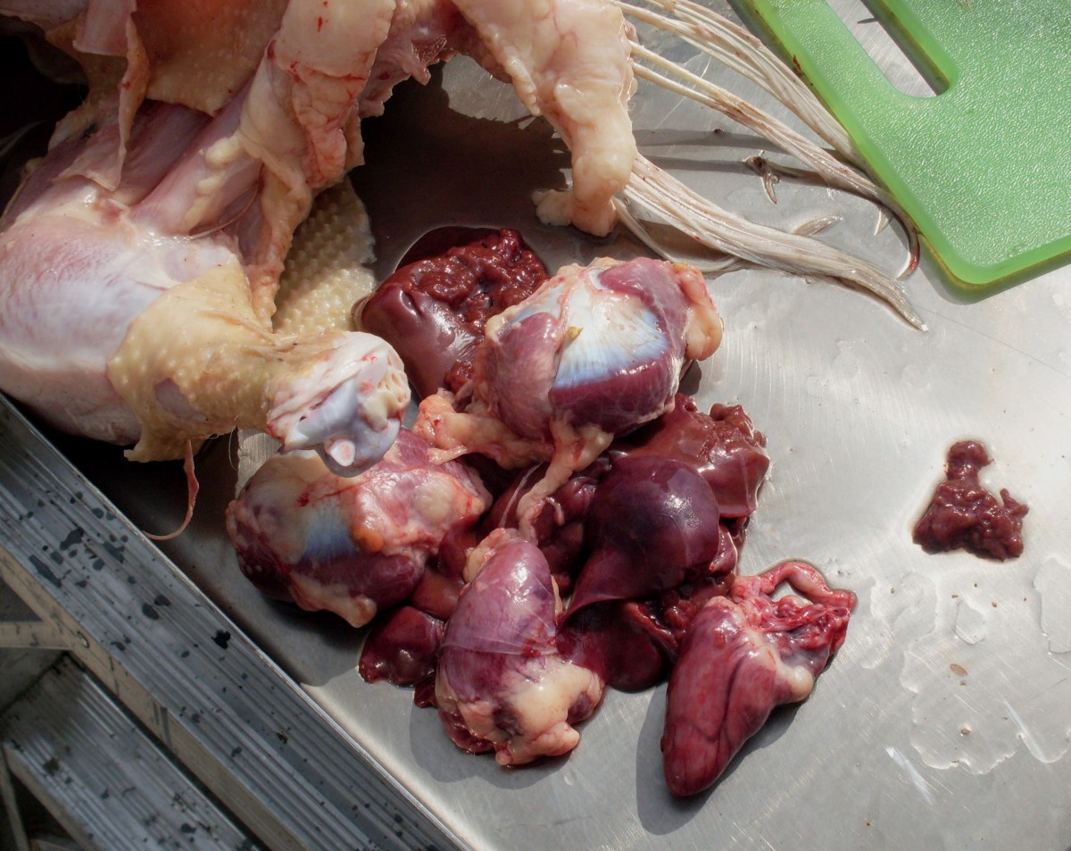 Here is a selection of all the internal organs worth saving - the gizzard, heart, and liver.