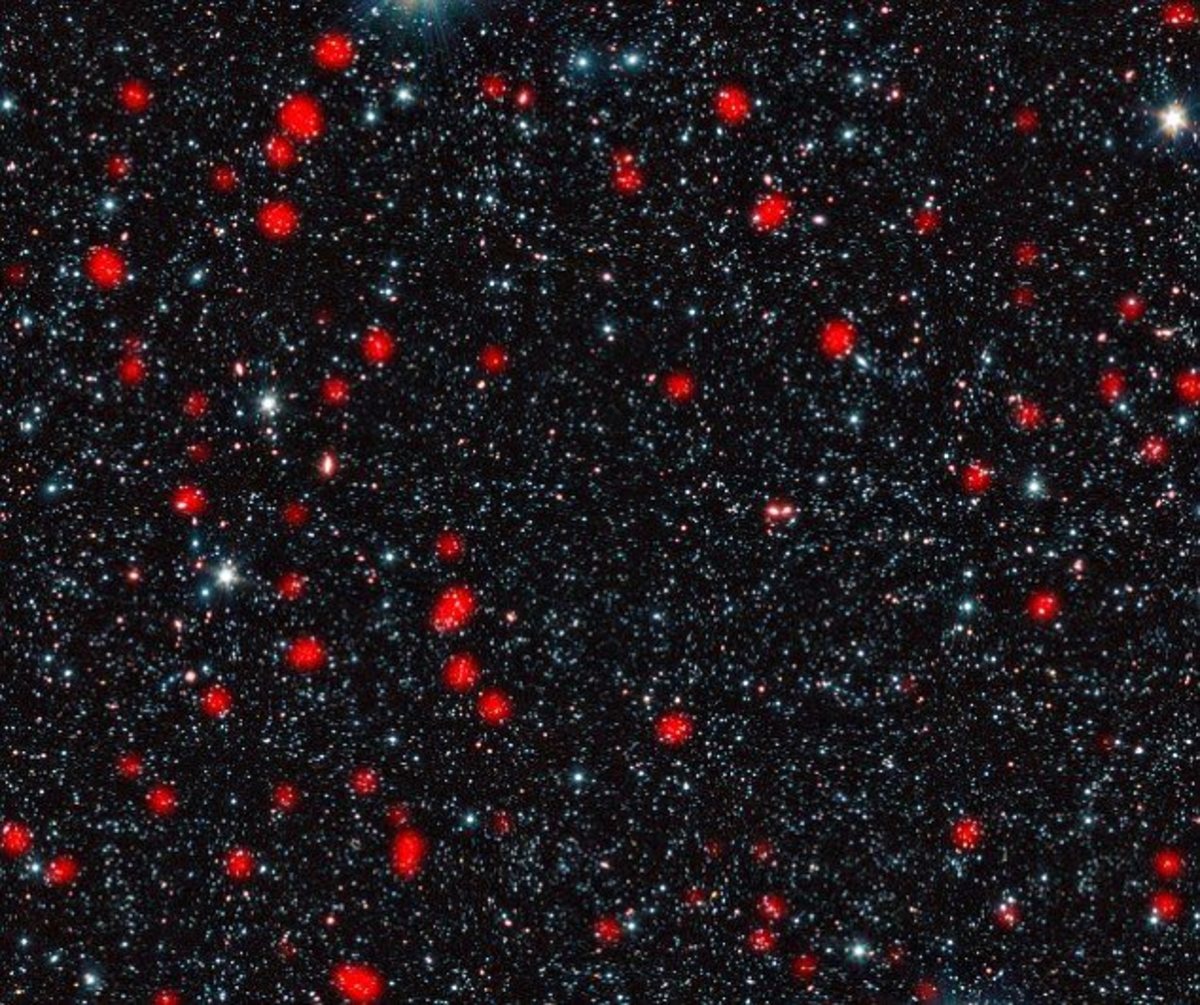 This image shows these distant galaxies, found in a region of sky known as the Extended Chandra Deep Field South, in the constellation of Fornax. The galaxies are so distant that their light has taken around ten billion years to reach us, so we see t