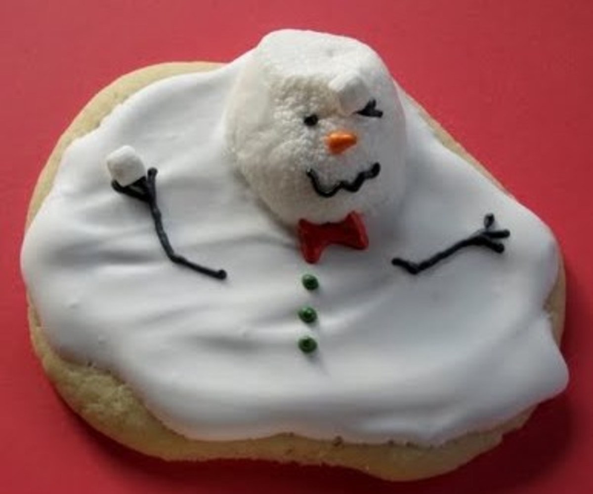 Melted snowman cookie with a marshmallow face.