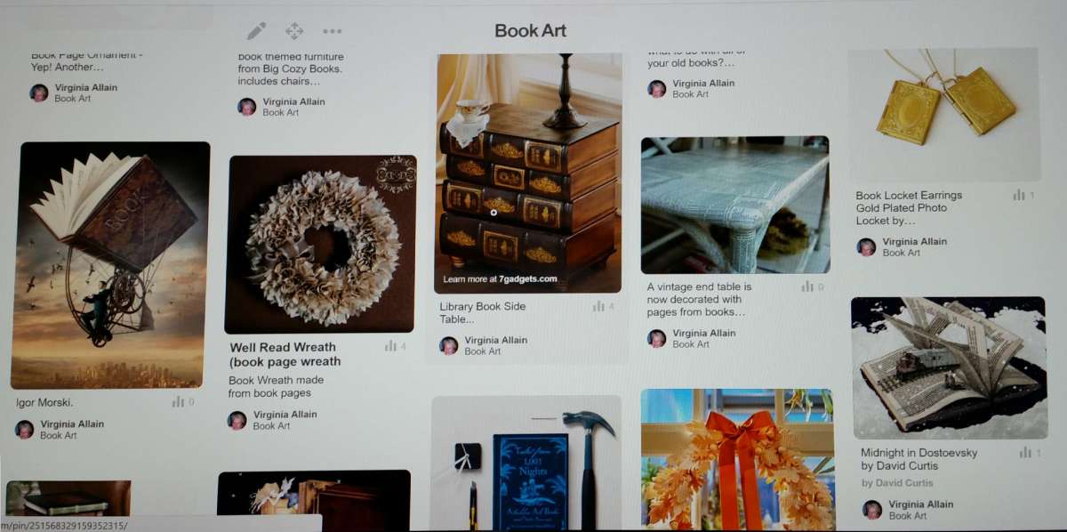 I have a Book Art pinboard on Pinterest so I can pin all the great ideas I see for transforming books into odd things. Look around on Pinterest and you'll find lots of ideas.