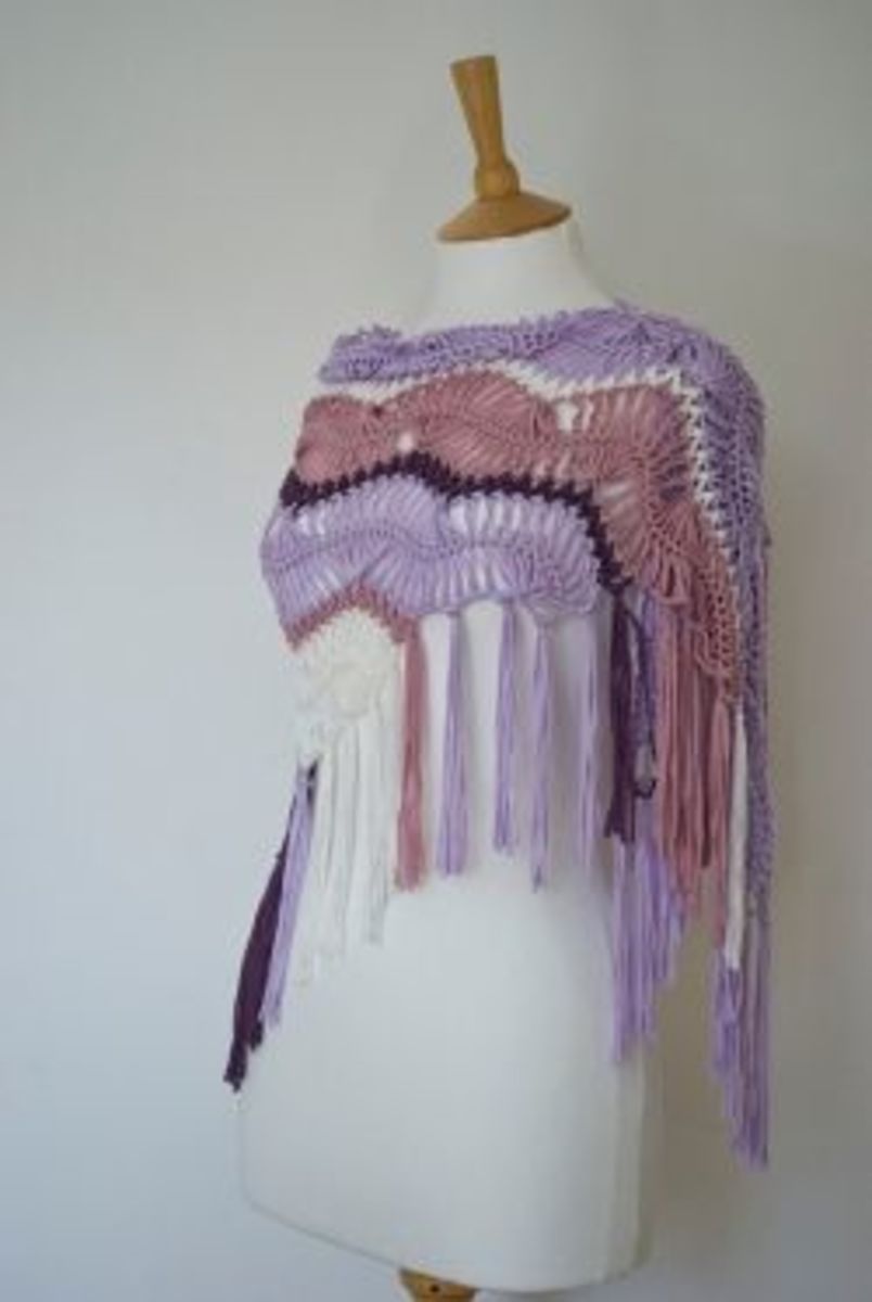 Hairpin Lace Shawl in purple, lavender and rose
