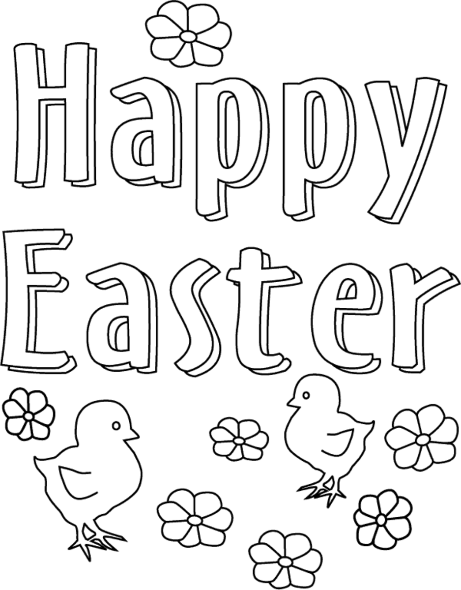 Happy Easter text to colour along with cute spring chickens and springtime flowers