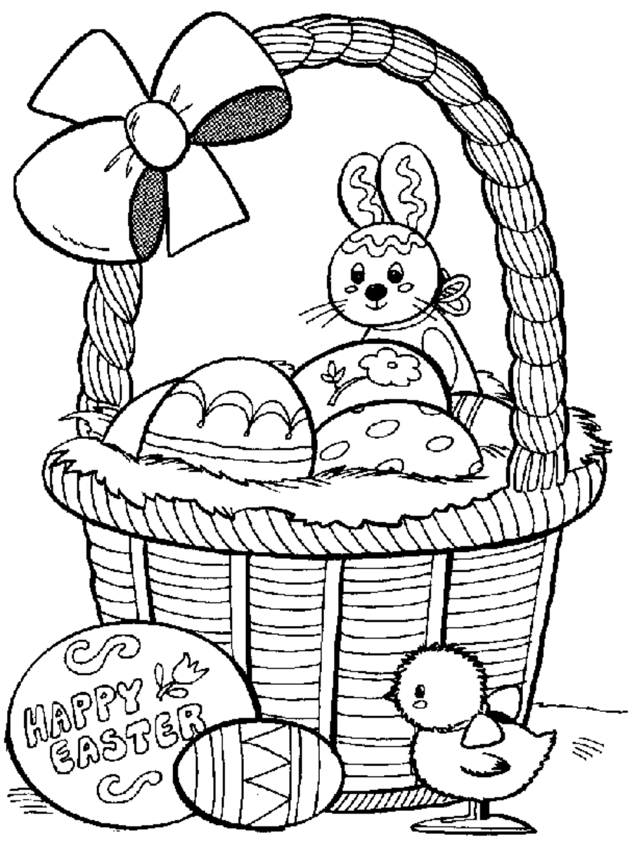 Easter bunnies basket with Happy Easter text sign and spring chicken