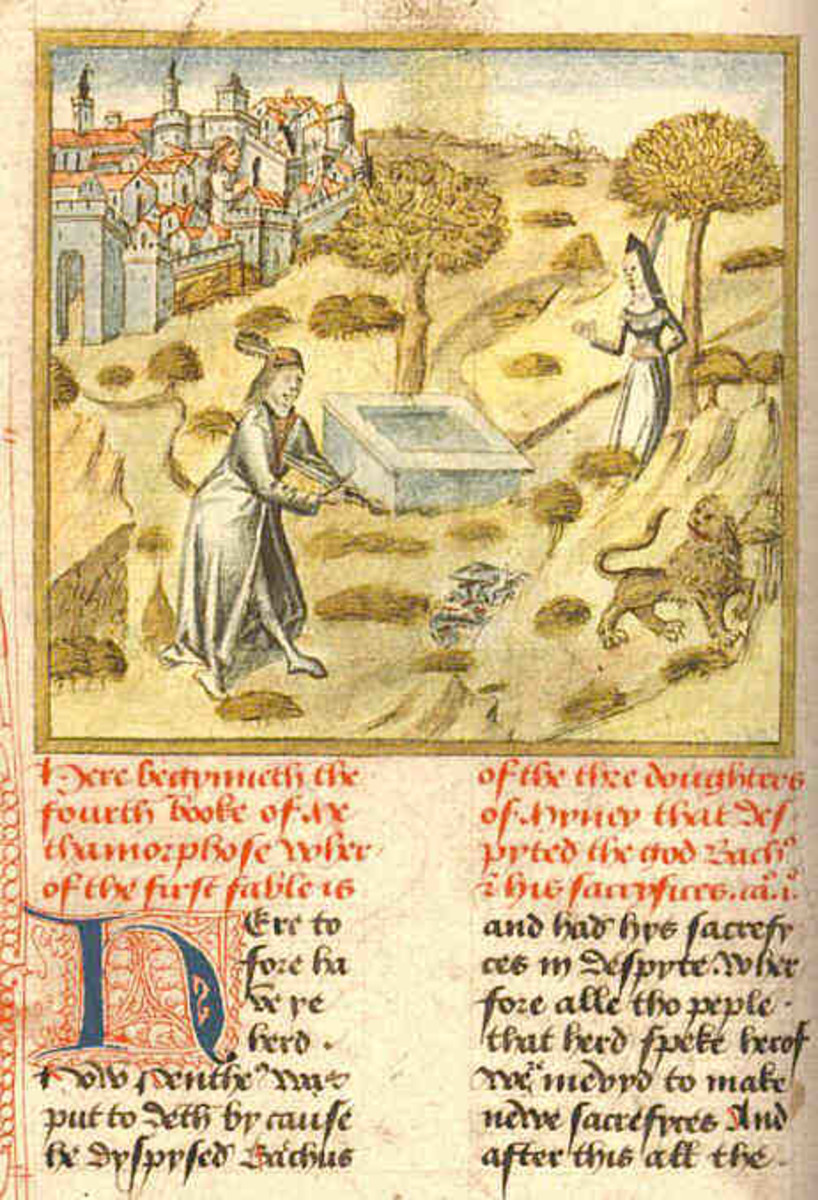 Illustration of the story of Pyramus and Thisbe from Caxton's edition of Ovid's Metamorphoses, 1480.