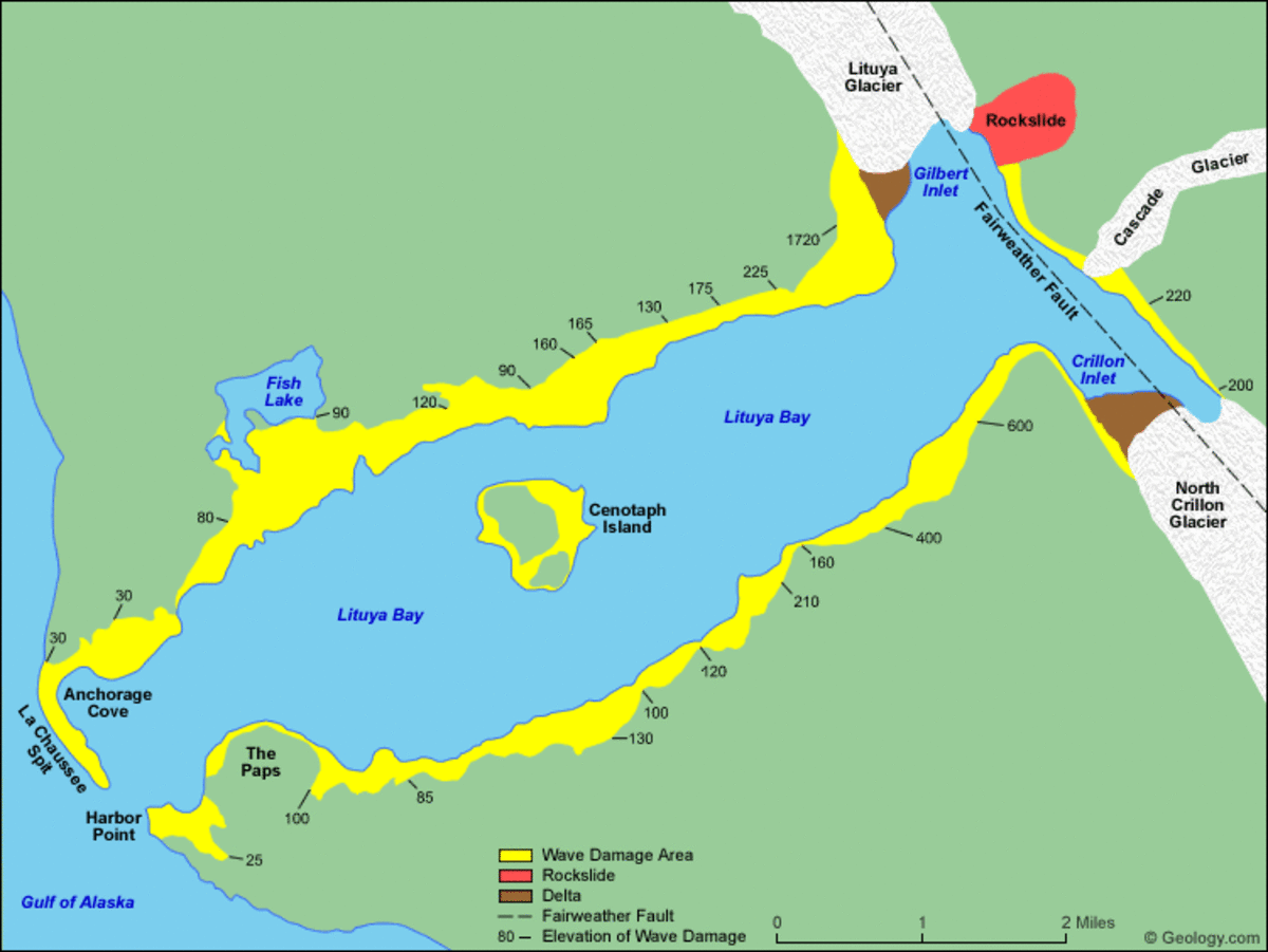 A map shows where the landslide happened and how the wave travelled across the lake 