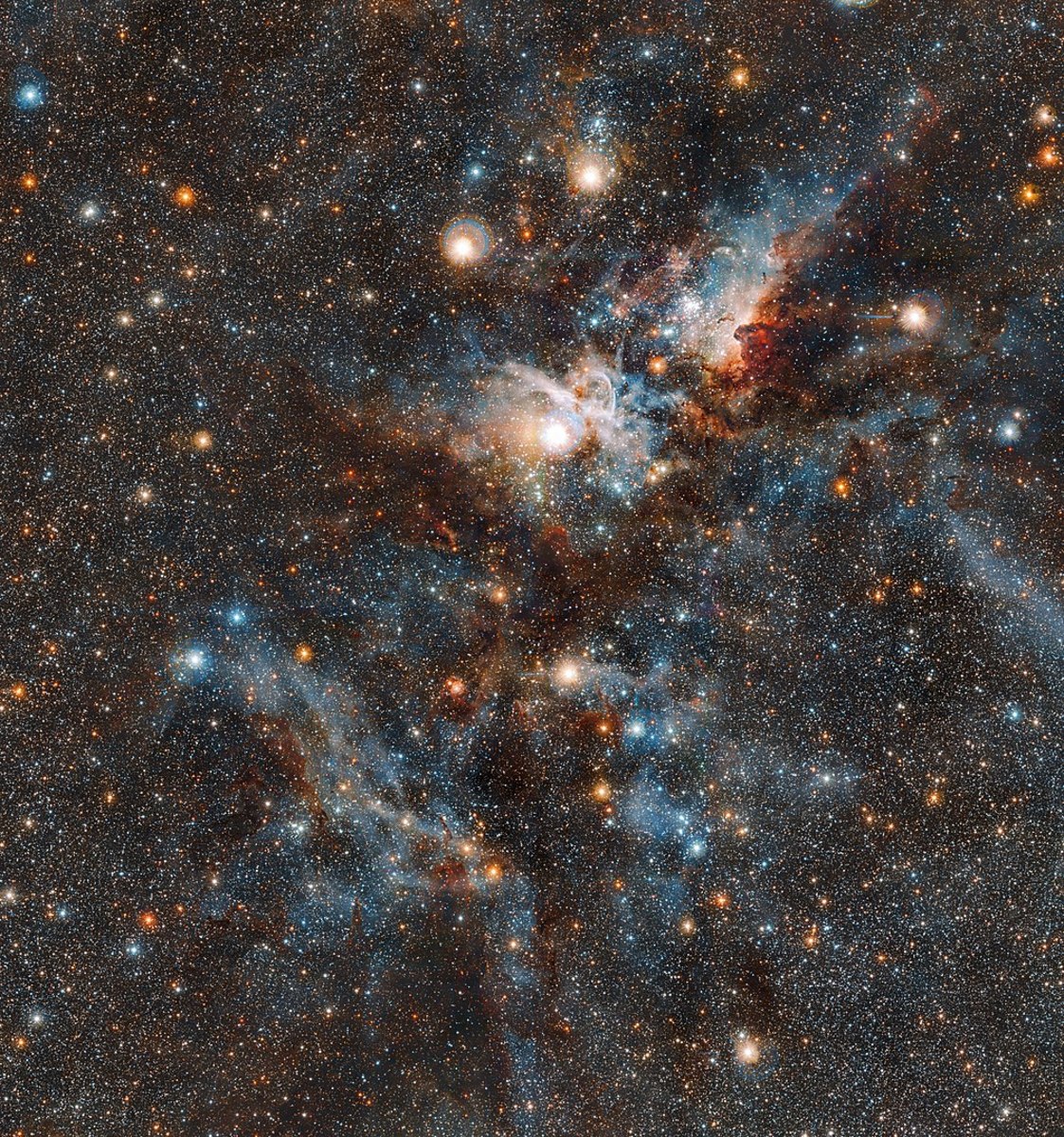 An infrared image of the Carina Nebula.
