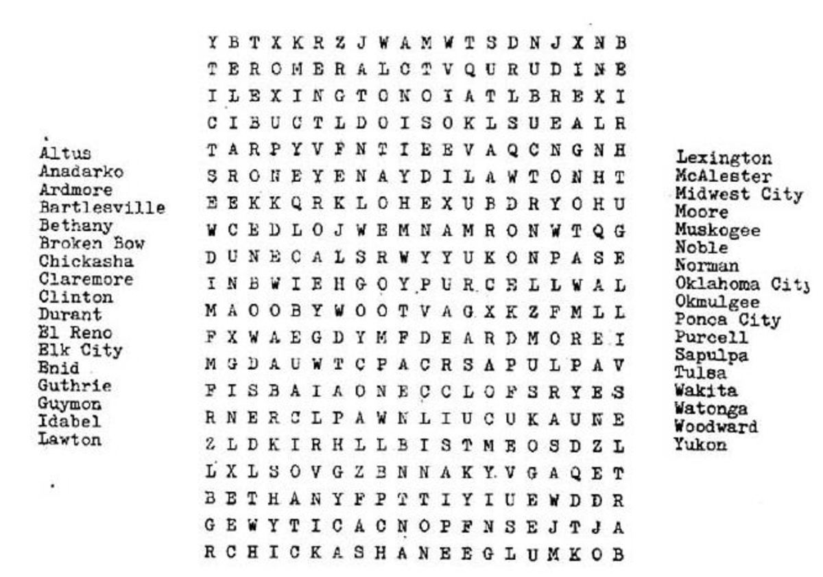 An actual photo of the FIRST ever published Word Search puzzle.  The words are all cities and villages of Oklahoma