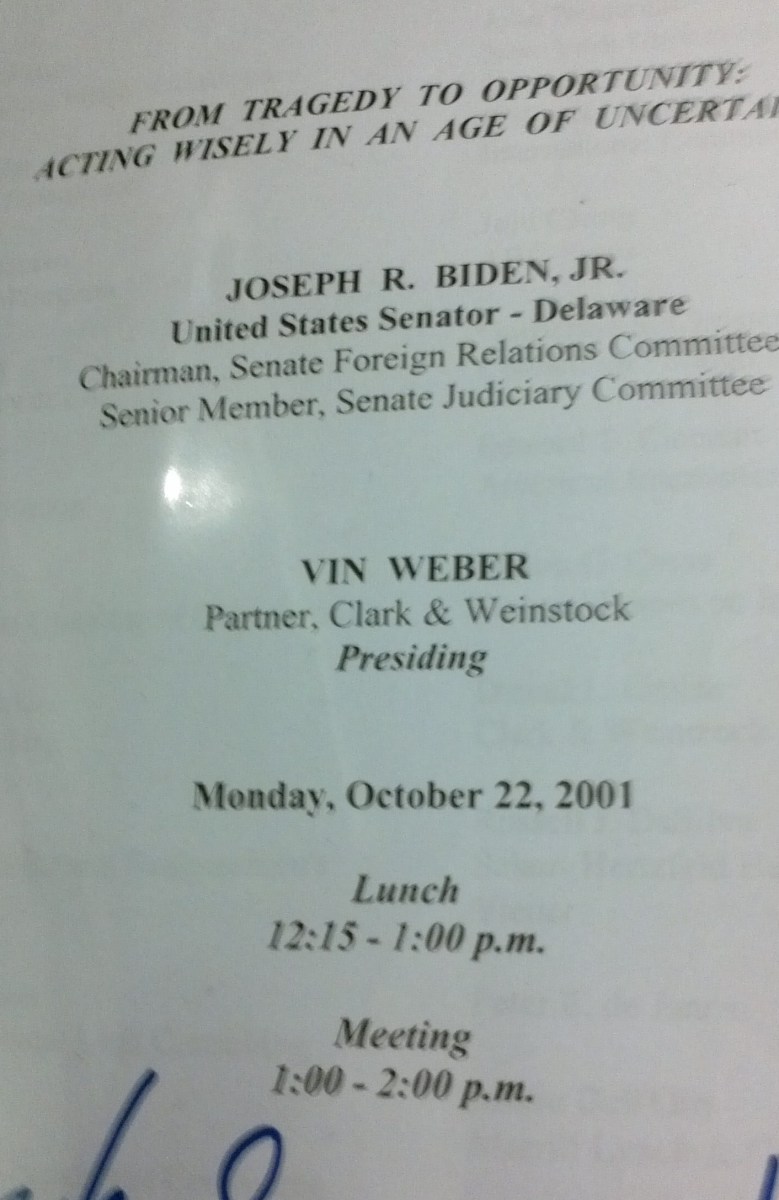 This event flier (also signed) documents when then-Delaware Senator Joe Biden came to the Council On Foreign Relations to talk about current affairs, including Islamic schools of hate in Saudi Arabia.