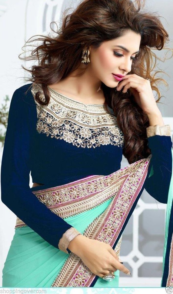 Gorgeous Navy blue saree blouse with embroidery on the chest 