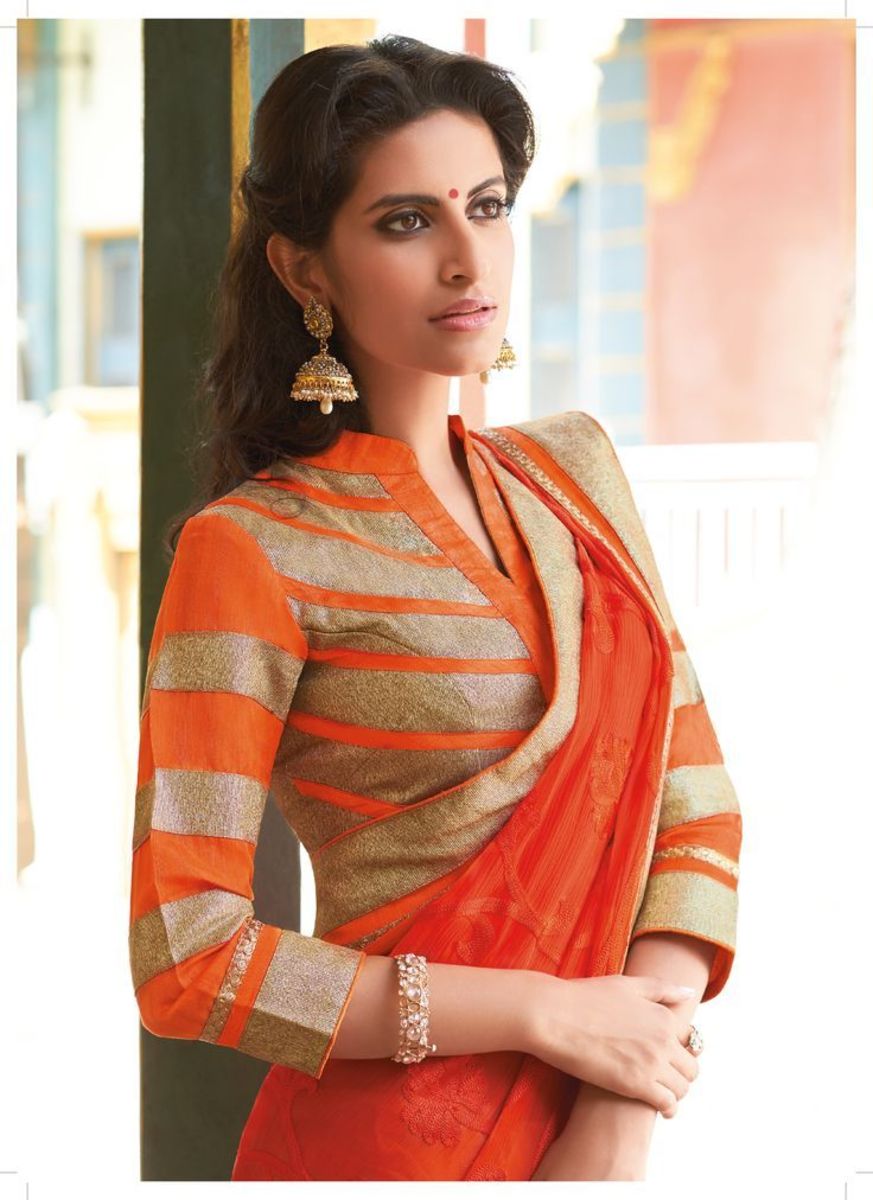 Orange and gold saree blouse design with three quarter sleeves 