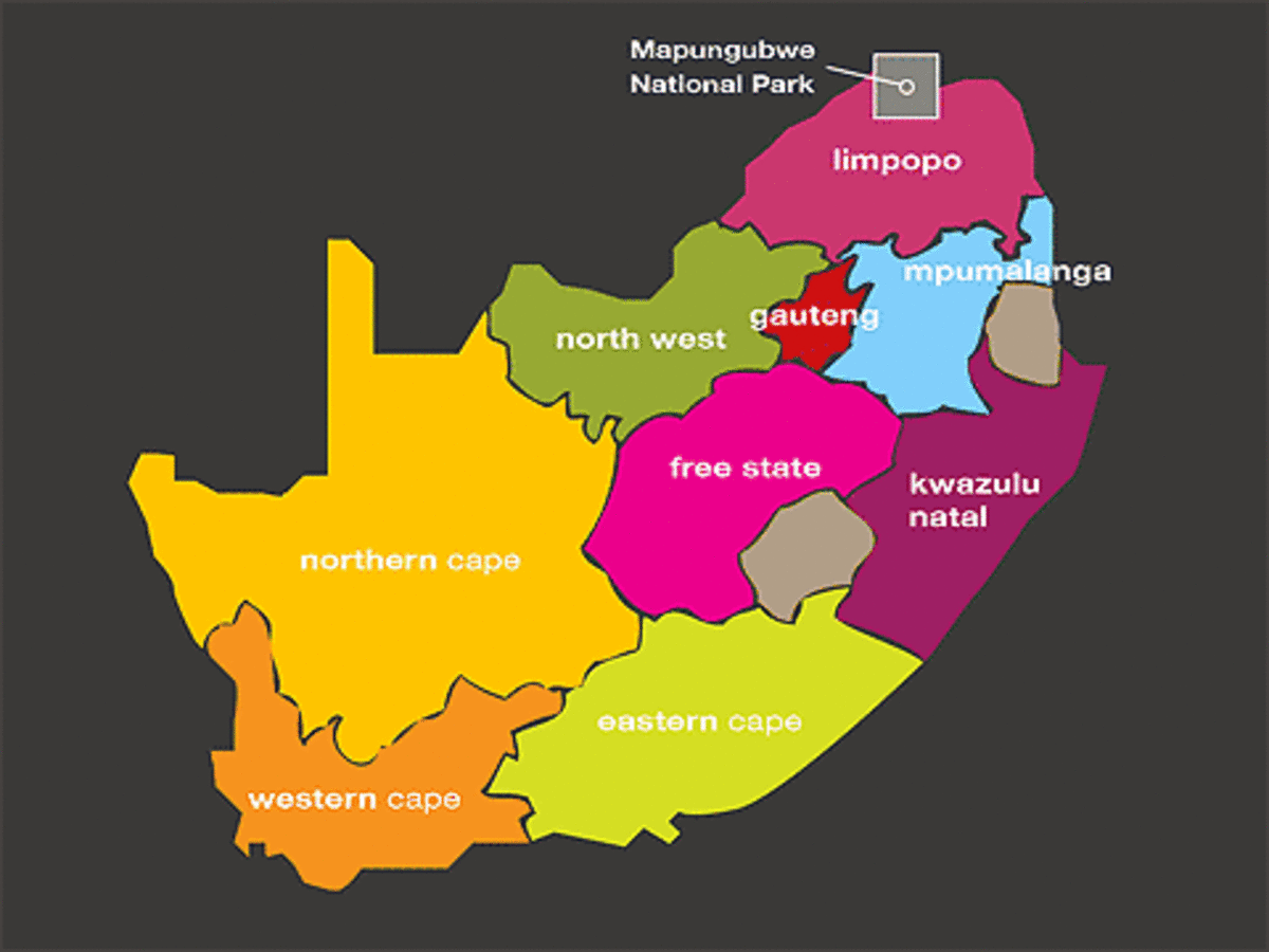 The newly re-zoned South African map. This Map shows the position of  Mapungubwe in relation to the country of South Africa as a whole