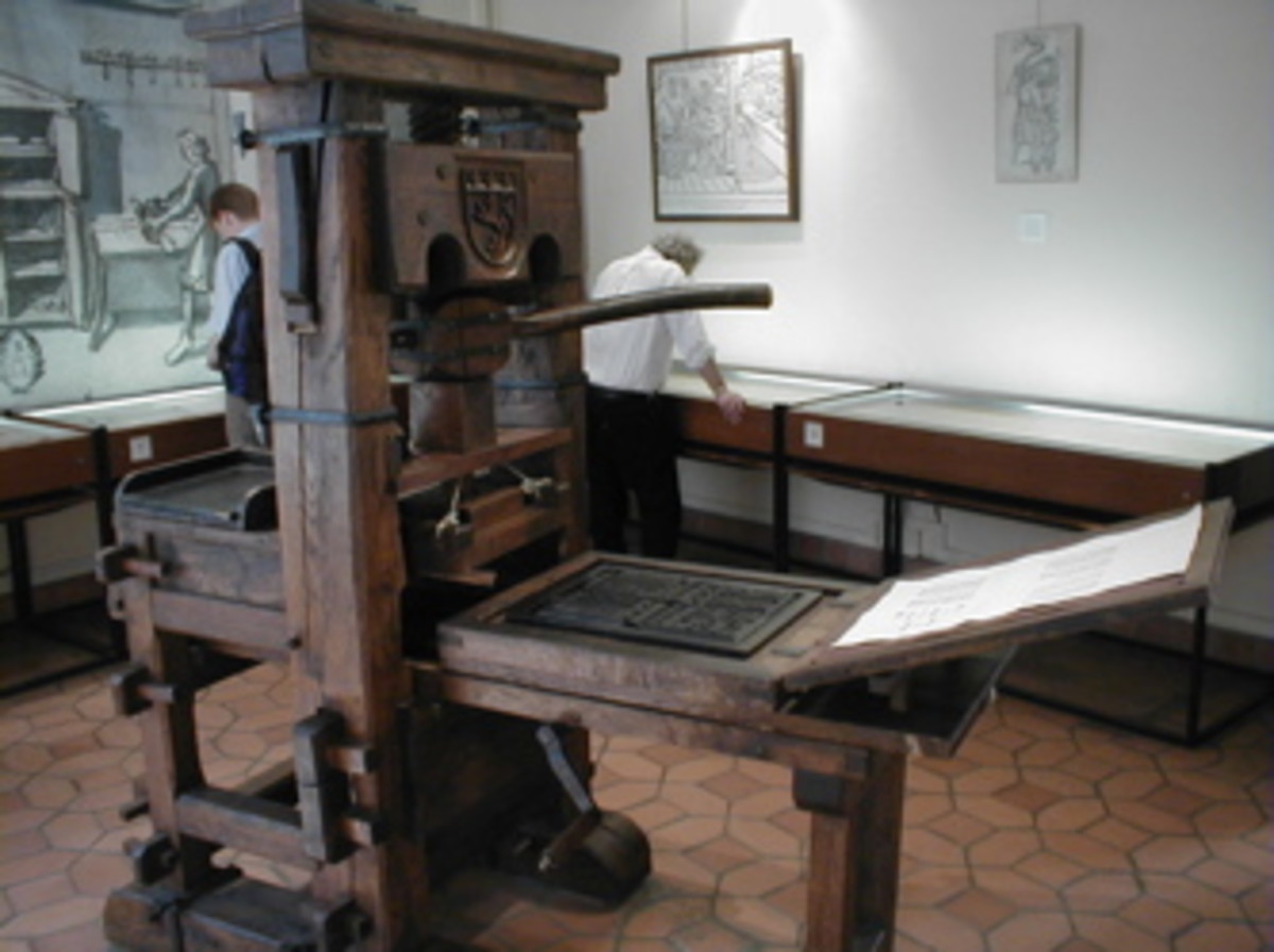 Reproduction of Gutenberg-era Press on display at Printing History Museum in Lyon, France. Photograph taken by George H. Williams in July, 2004.