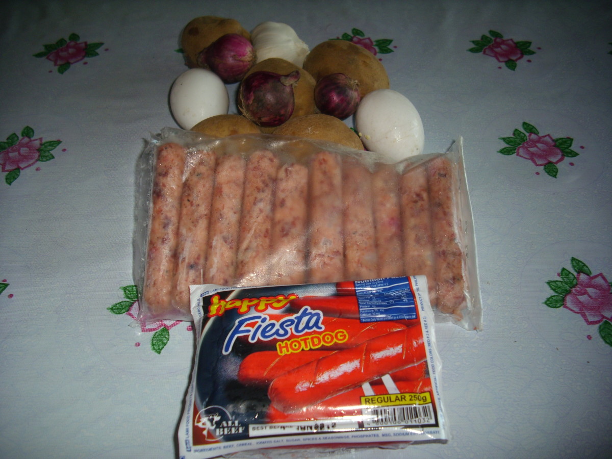 Some of the ingredients: Potatoes, eggs, onions, longganisa, garlic and hotdogs.