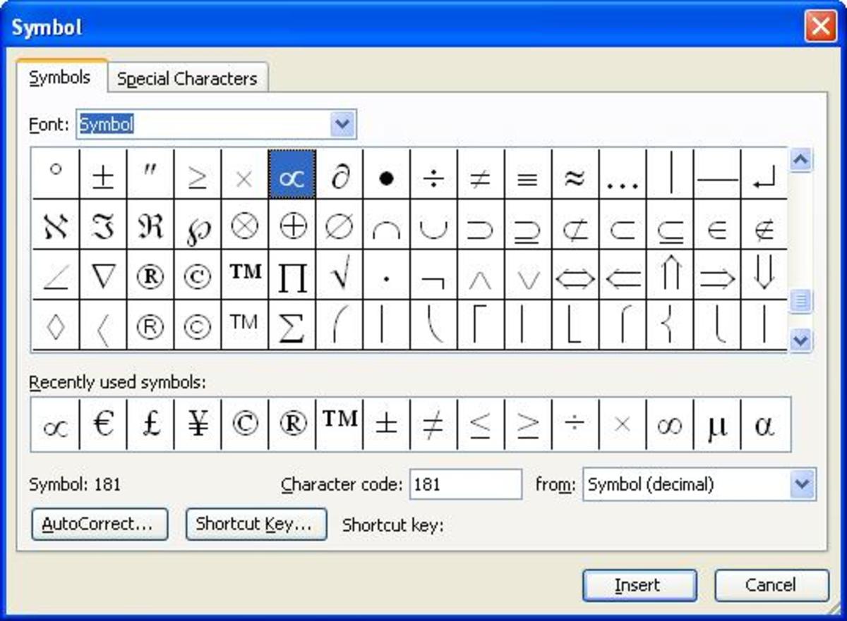 list of microsoft word symbols