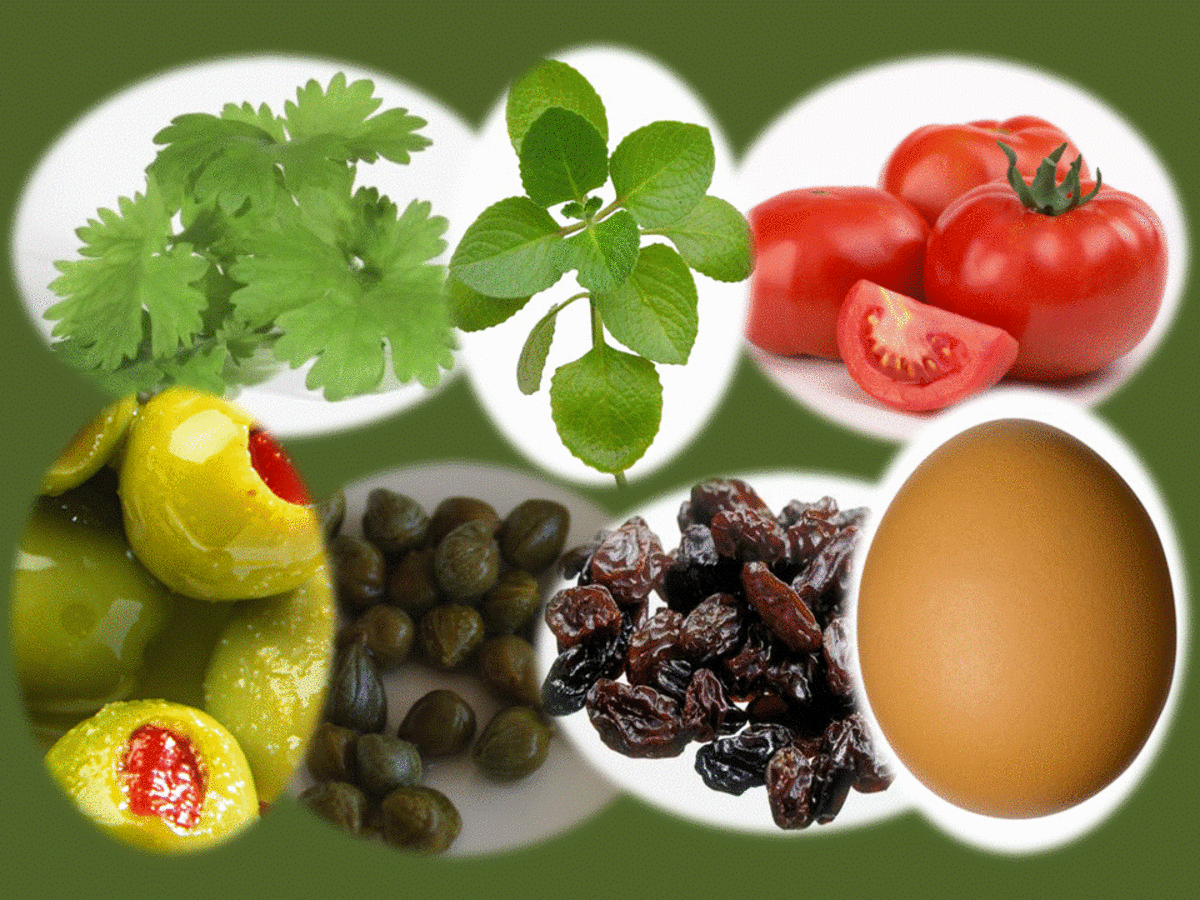 Cilantro, Oregano, Tomatoes, Olive, Capers, Raisins, Boil Egg