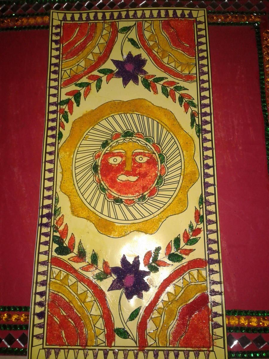 A Madhubani template decorated by colored sand