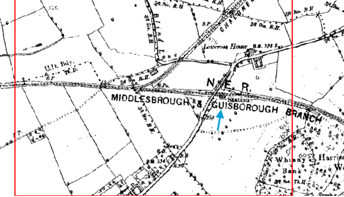 The junction at Low Cross near Pinchinthorpe, where the Cleveland Railway ran from the Chaloner mines (north of Guisborough) to the Middlesbrough & Guisborough route 