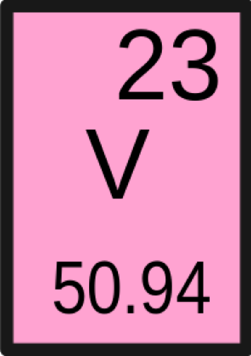 Vanadium is a chemical element with the symbol V and atomic number 23.