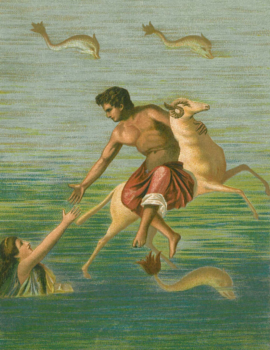 Helle falling from the Golden Ram and her brother Phrixus