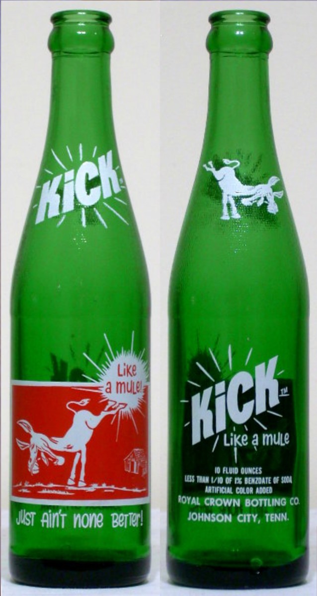 The Ten Ounce Kick Bottle dated from 1966 and was made of carbonated water, sugar, dextrose, fructose, natural and artificial flavor, citric acid, sodium benzoate (a preservative), sodium citrate, caffeine, and artificial color.