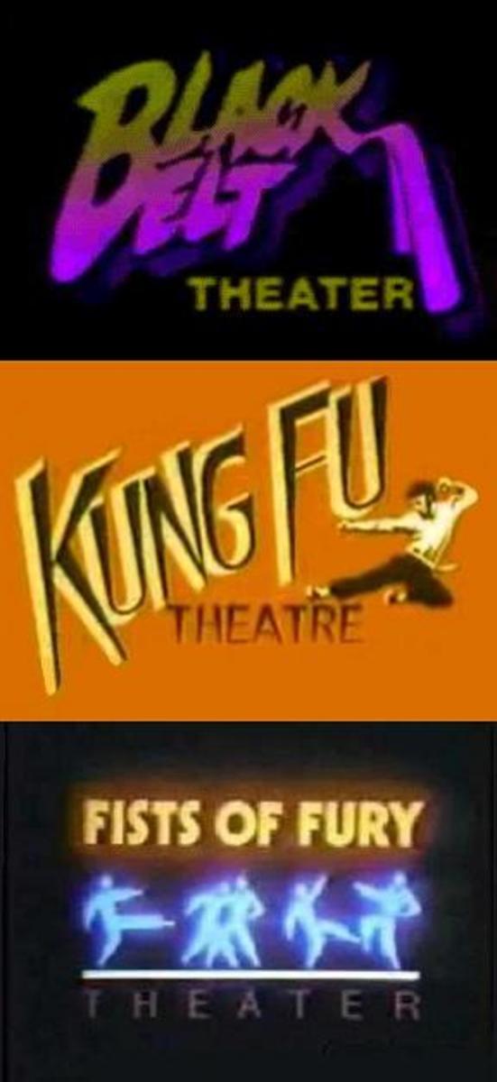 The opening logos from three weekly martial arts movie shows. World Northal's Black Belt Theater, USA Network's Kung Fu Theater, and Tribune Television's Fist of Fury Theater. 