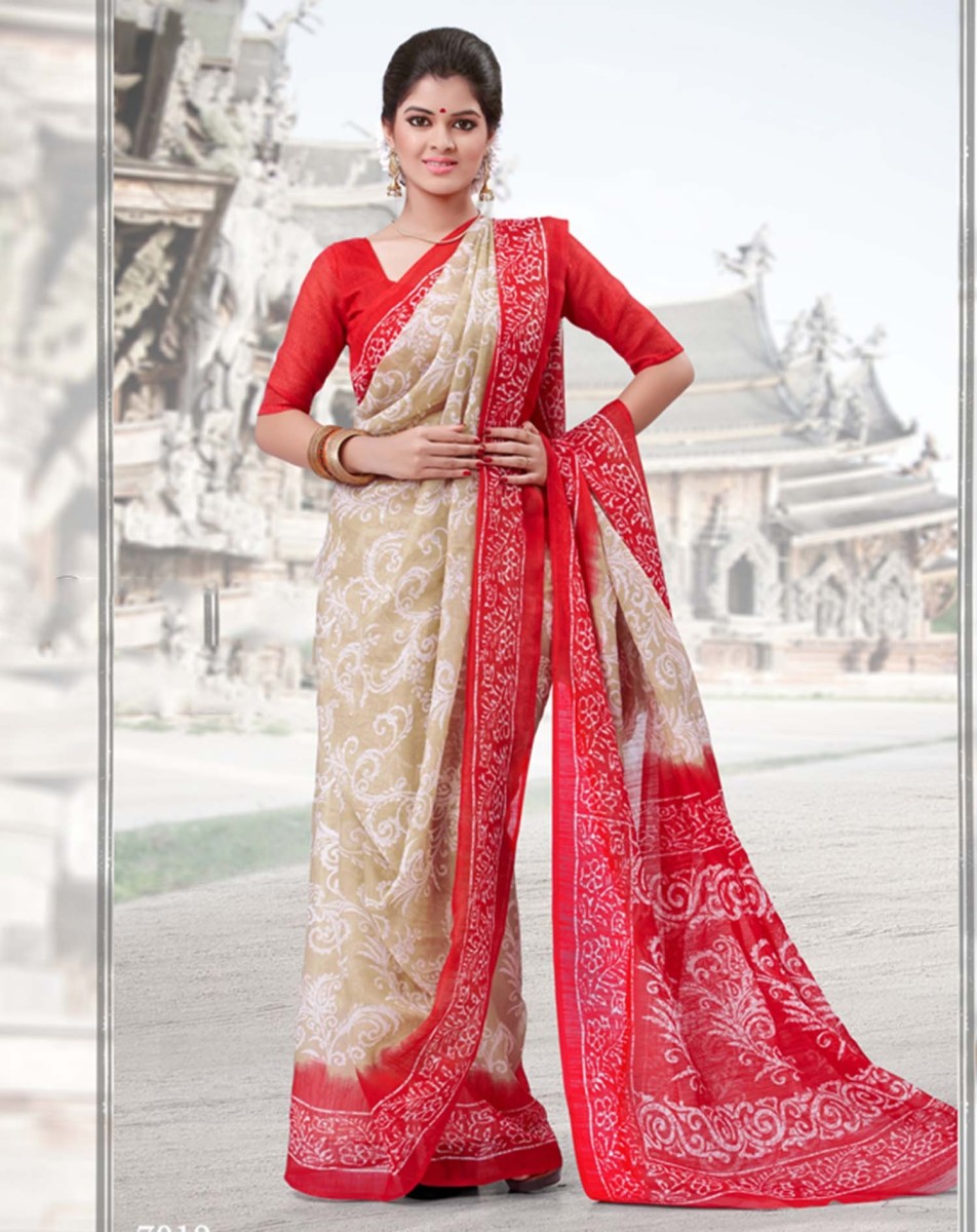 Off white saree with red blouse 